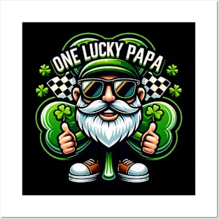 One Lucky Papa Cool Bearded Sunglasses Shamrock Racing Checkered Flag Irish St Patrick's Day St Paddy's Day Clover Posters and Art